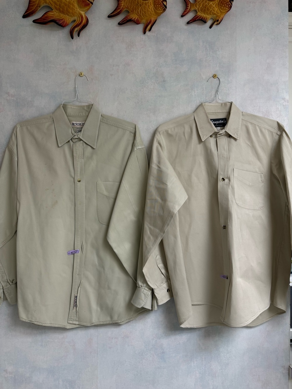 2 VTG Pointy Button Down Collar -Heavy Duty Work Shirt -Beige - Large (set of 2)